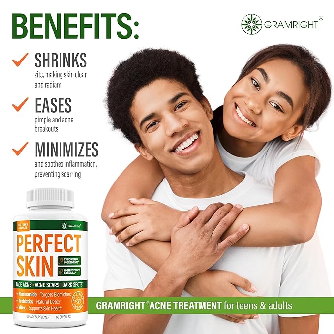 Perfect Skin Acne Capsules – Niacinamide, Biotin, Vitamin A & Probiotics for Teens & Adults – 13 Powerful Ingredients for Face Acne, Acne Scars & Dark Spots – 60 Vegan Capsules, Made in the USA