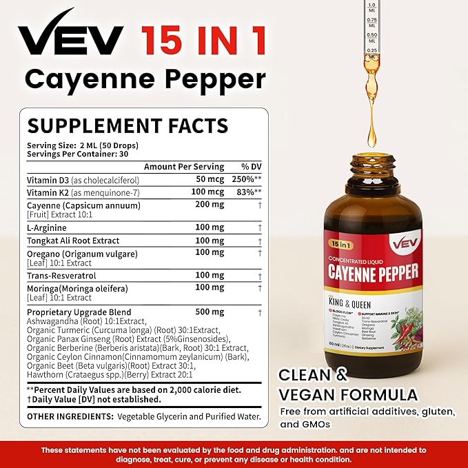 VEV 15-in-1 Cayenne Pepper Drops Supplement Liquid, with Vitamin D3 K2, L-Arginine, Resveratrol, Oregano, Moringa, Berberine, Hawthorn, Beet, Turmeric - Vegan, Non-GMO 2 fl oz