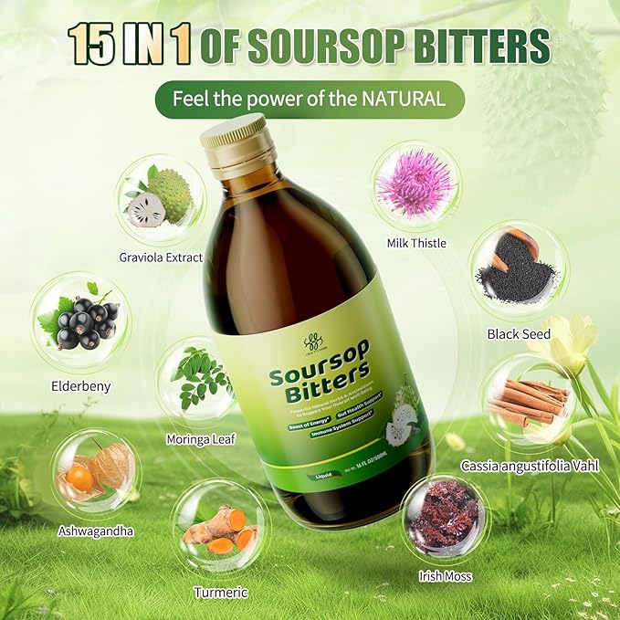 Soursop Bitters Liquid with Black Seed- Pure 15 Herb Mixed Berry with Soursop Leaves,Turmeric & Moringa for Gut Cleanse,Antioxidant,Skin Health,Cell Regeneration,Immune,Mood & Sleep Support 16 fl oz