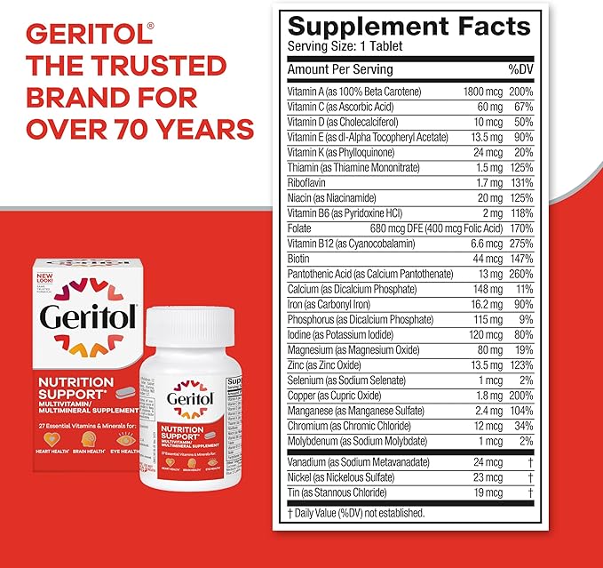 Geritol, Multivitamin Supplement, Contains B-Vitamins, Antioxidants, Vitamins C, E & D and Iron, 26 Essential Vitamins and Minerals, Gluten-Free, Non-GMO, No Artificial Sweeteners, 100 Tablets