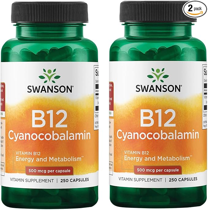 Swanson Vitamin B12 (Cyanocobalamin) - Vitamin Supplement Promoting Energy Metabolism, Nervous System Health & Heart Support - Supports Red Blood Cell Formation (250 Capsules, 500mcg Each) (2 Pack)