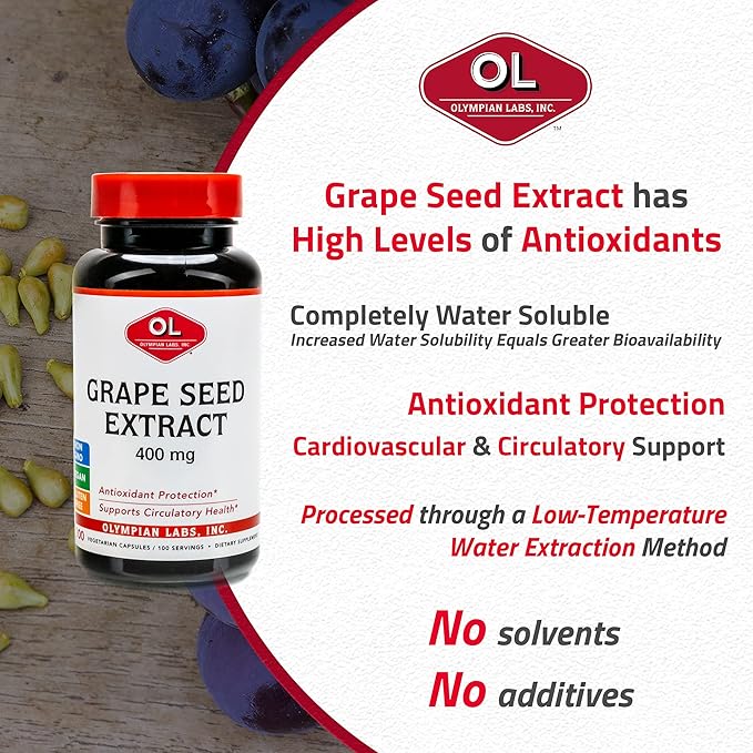 Olympian Labs Grape Seed Extract 400mg Vegan Capsules | Supports Heart & Immune Health, Antioxidant - 100 Count