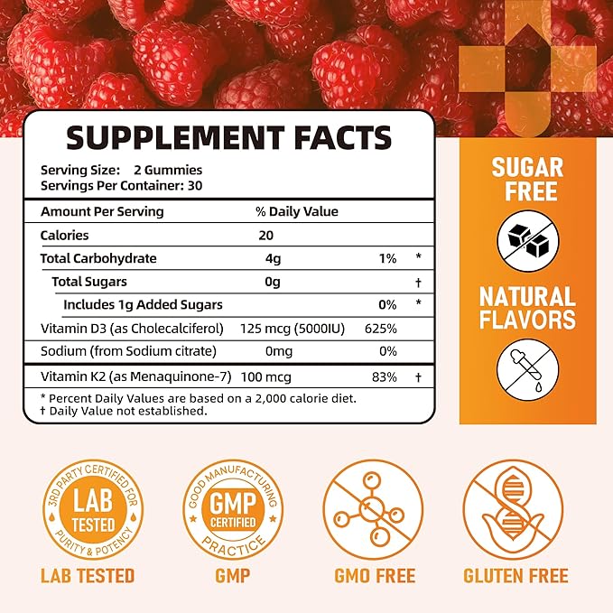 Sugar Free Vitamin D3 K2 Gummies, Vitamin D Gummies Supplement, 10000 IU + 200mcg D3 and K2 Supplements, Tasty Gummy Vitamins, Support For Bones Muscle Teeth Immune, 60 Servings 120 Gummies, Raspberry