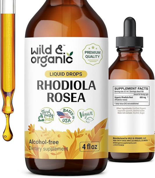 Wild & Organic Rhodiola Rosea Tincture - Rhodiola Rosea Supplement for Mood Support - Relaxing Root Extract Liquid Drops - Vegan, Sugar & Alcohol-Free - 4 fl oz
