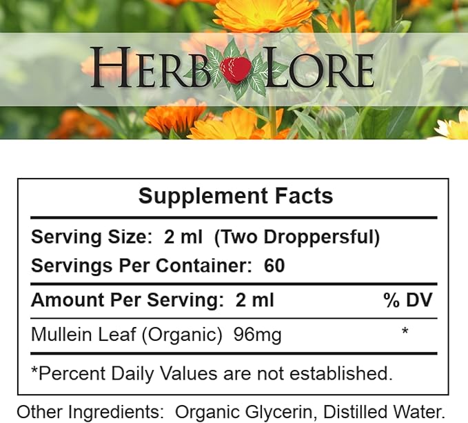 Herb Lore Organic Mullein Tincture Drops - Mullein Leaf Extract for Lungs - Safe for Kids - Alcohol Free (4 fl oz)