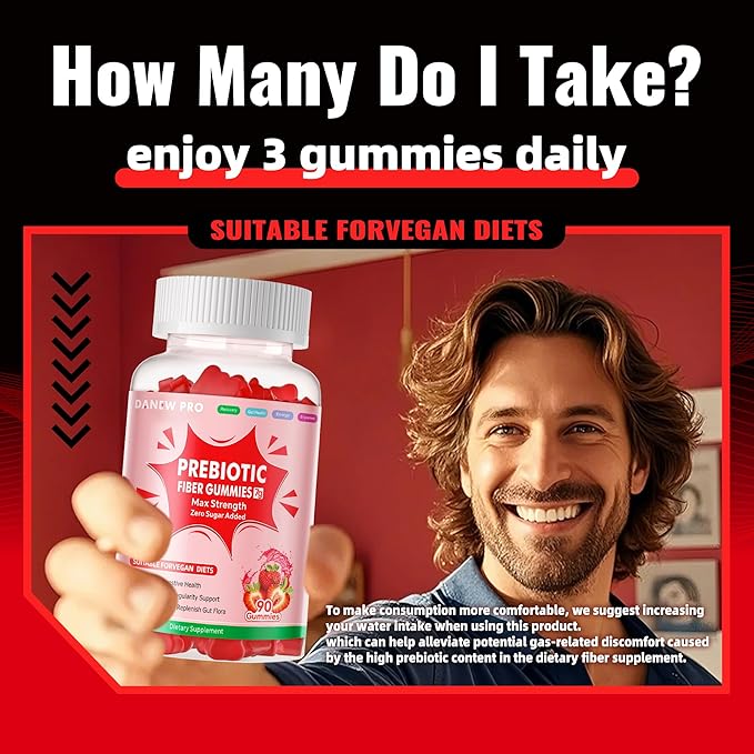 Prebiotic Fiber Gummies for Adults, 7G Extra Strength, Zero Sugar Added, 90 Pectin Based Gummies, Digestive Health & Regularity Support-Strawberry