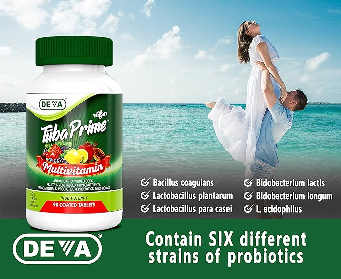 DEVA Tuba Prime Vegan Multivitamin Iron-Free - High-Potency Vitamin & Mineral Dietary Supplement - Antioxidants, Fruit & Vegetable Blend, Super Mushrooms, Probiotics, Prebiotics, Seeds, Herbs 90 Tabs