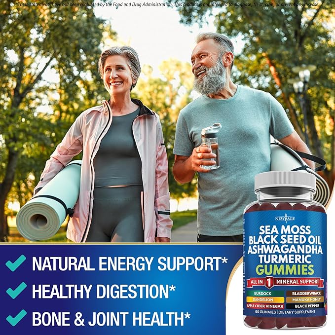 NEW AGE Sea Moss Gummies, Sea Moss, Black Seed, Ashwagandha, Turmeric, Manuka Honey, ACV, Dandelion, Black Pepper, Burdock, Bladderwrack, Vegan - 60 Count