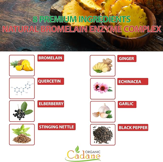 Organic Cadane Bromelain Extract Capsules, 8in1 with Quercetin, Elderberry, Nettle, Ginger, Echinacea, Garlic, Black Pepper - Support Digestion Health & Immune System - 60 Capsules