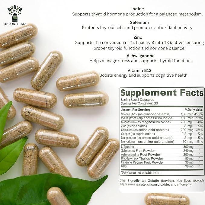 Advanced Thyroid Support Supplement - Non-GMO, Thyroid Supplement with L Tyrosine, Iodine, B12, Zinc, Selenium, Ashwagandha for Thyroid Health & Overall Well-Being, 60 Capsules