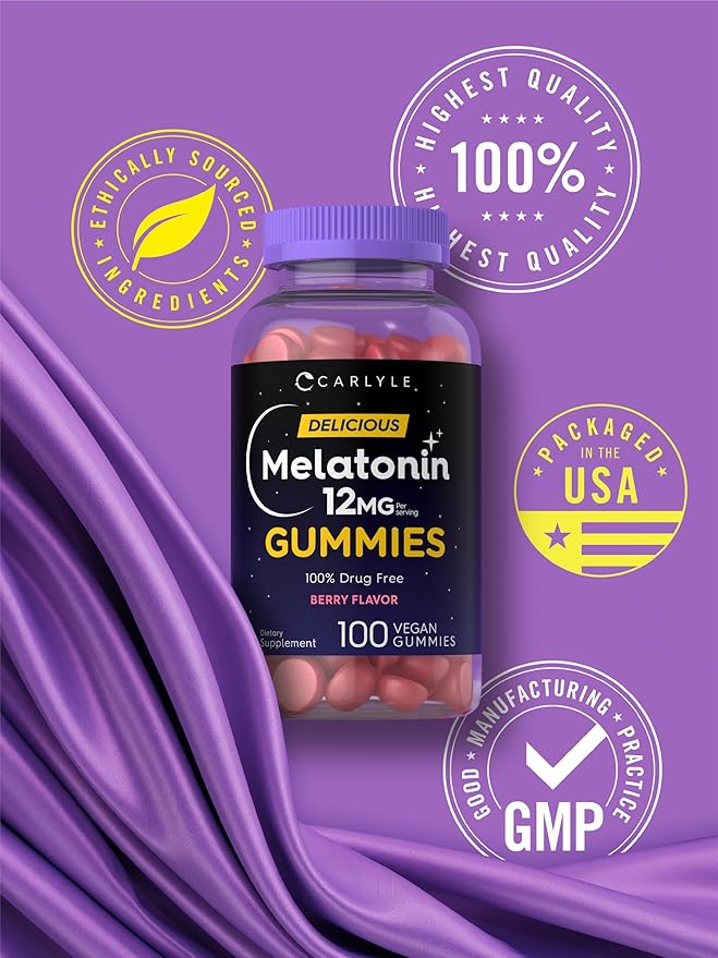 Carlyle Melatonin Gummies 12mg | 100 Count | Berry Flavor | Vegan Supplement | Non-GMO, Gluten Free