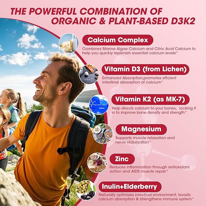 Vitamin D3 10000 IU + K2 (MK7) 200mcg w/Calcium Magnesium Zinc Elderberry & Inulin-Highly Bioavailable-Enhanced Absorption for Immune & Bone Support- K2 D3 Vitamin Supplement-Vegan Gummies