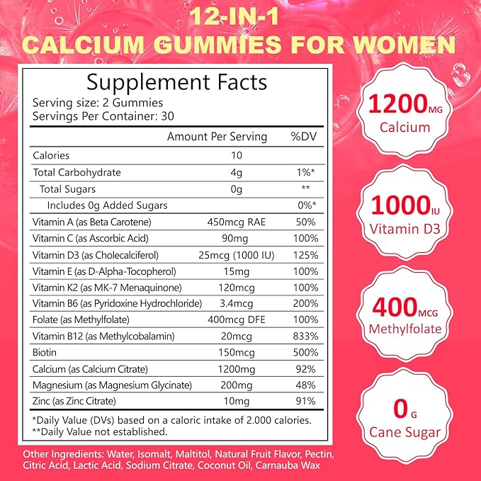 Calcium Gummies for Women 1200 mg, Unique Formula with Folate, B6, B12, D3, Magnesium, Zinc, Calcium Citrate Chewable Supplement for Bone, Skin Health, 120 Count