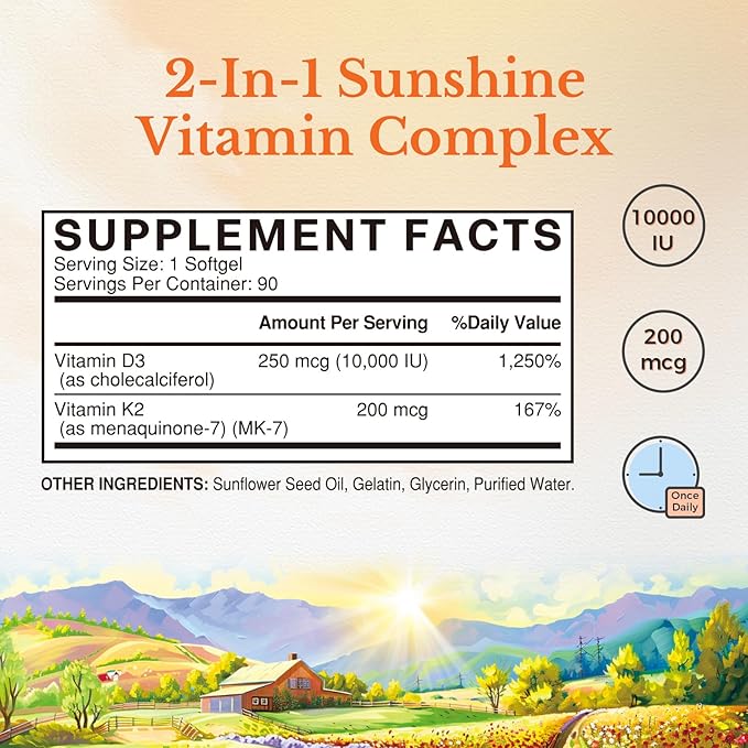 Vitalitown Vitamin D3 K2 Supplement, Vitamin D3 10000 IU Vitamin K2 (MK7) 200 mcg, 90 Softgels, Non-GMO, No Gluten & Soy, for Bone, Teeth, Immune, Heart & Muscle Health