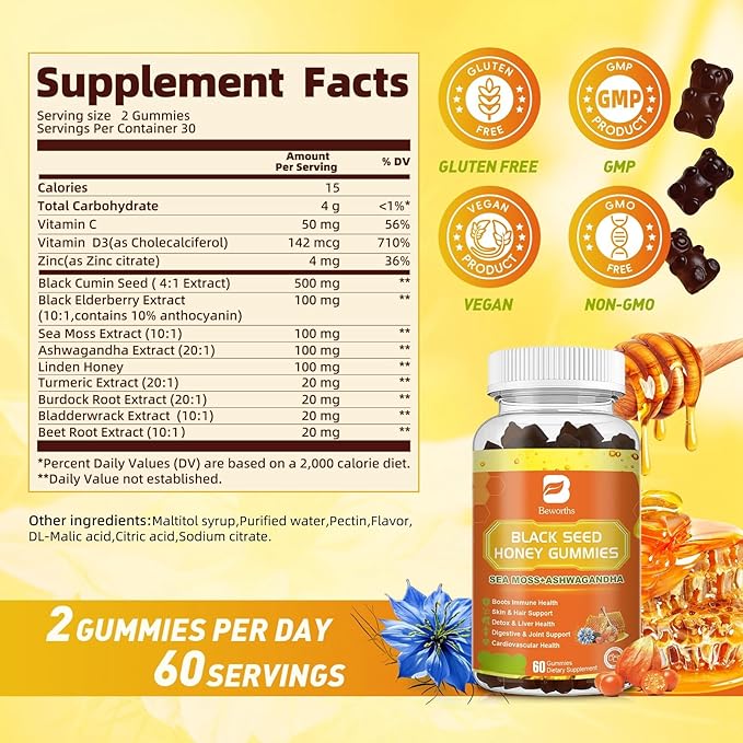 (2 Pack) Black Seed Oil Sea Moss Gummies with Ashwagandha, Burdock Root, Linden Honey, Elderberry, Turmeric, Vitamin C, D3 & Zinc - Supports Immunity, Joints, Digestion, Hair & Skin, Vegan Gummies 120