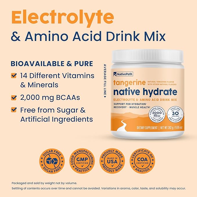 NativePath Native Hydrate, Zero Sugar, Electrolytes Powder with BCAAs, Tangerine Hydration, Keto & Paleo Friendly, 30 Servings