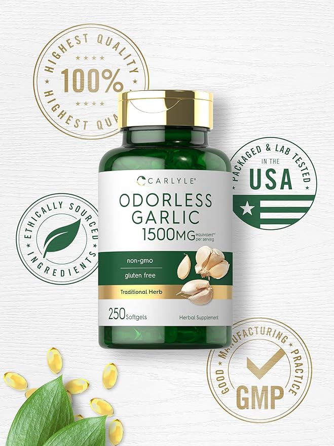 Carlyle Odorless Garlic Softgels 1500mg | 250 Count | Non-GMO, Gluten Free Extract Supplement