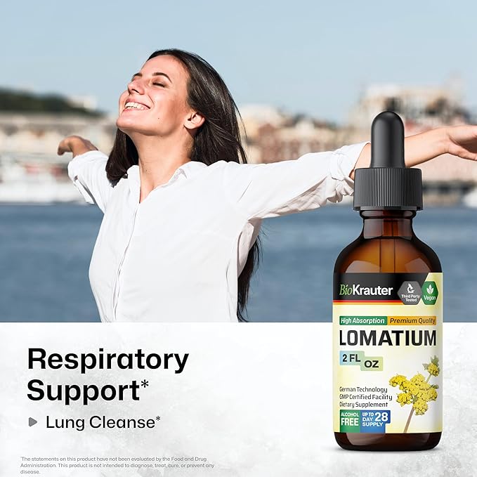 BIO KRAUTER Lomatium Root Tincture - Vegan Respiratory Support Supplement - Lomatium Dissectum Liquid Extract - Alcohol & Sugar Free - 2 Fl.Oz.