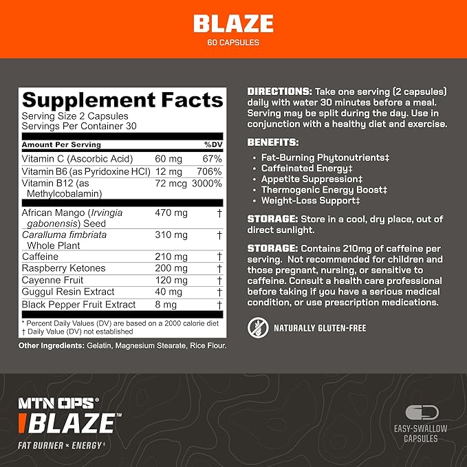 MTN OPS Blaze Fat Burner & Thermogenic Metabolism Booster for Weight Loss, 210mg of Caffeine per Serving Caffeine Pills for Energy Boost, 30 Servings