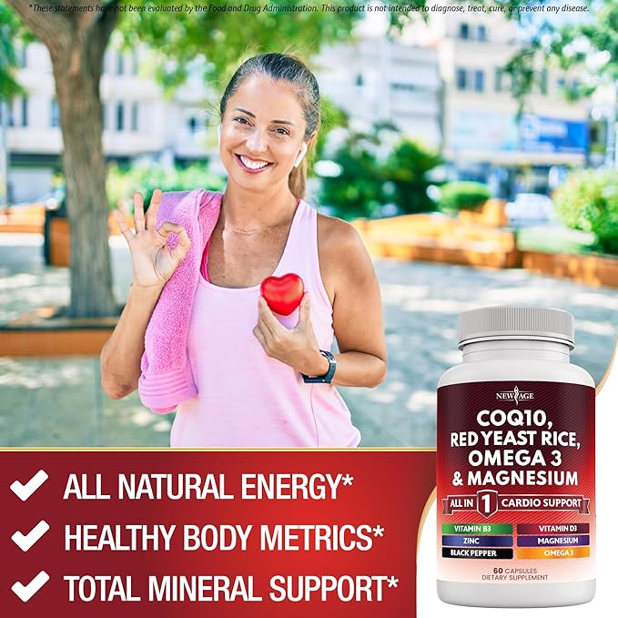 NEW AGE COQ10 200mg Red Yeast Rice 3000mg Omega 3-6-9 3000mg Magnesium Complex 500mg Zinc Vitamin K2 D3 - Vitamins for Women and Men with Vitamin B3, Coenzyme Q10-120 Count