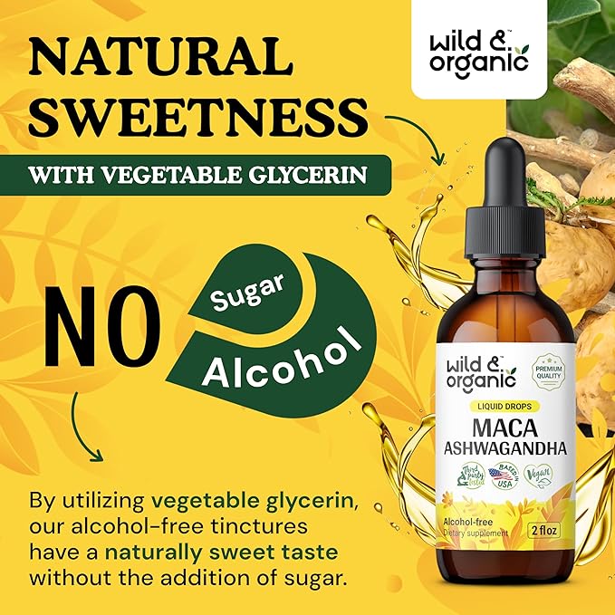 Wild & Organic Maca Ashwagandha Drops for Men and Women - Peruvian Maca Root and Ashwagandha Tincture for Overall Support - Vegan, Sugar & Alcohol-Free Extract Supplement - 2 fl oz