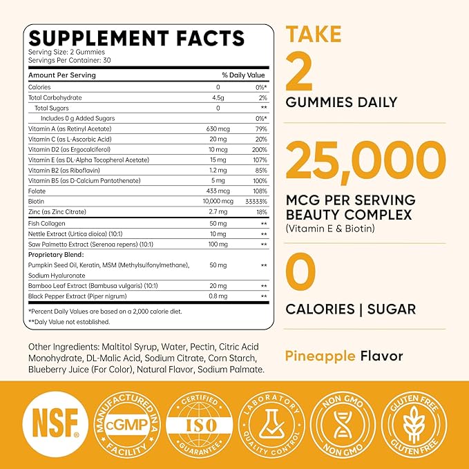 Venture Pal Biotin Gummies with Collagen & Keratin - Hair Growth Support Skin and Nail Strength Vitamins for Women & Men - Biotin 10000mcg | B-Complex | Saw Palmetto - Sugar Free, Non-GMO, 60ct