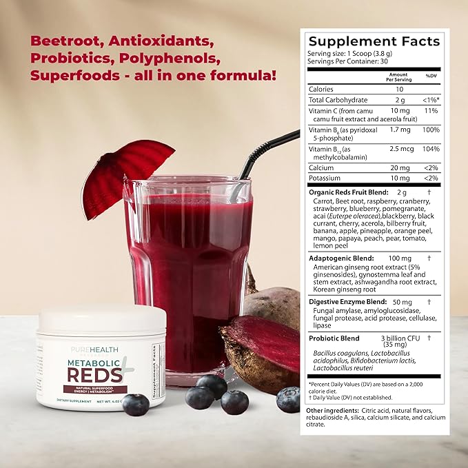 PUREHEALTH RESEARCH Reds Superfoods Powder - Only 10 Calories Fruit and Vegetable Adaptogen Drink with Beetroot, Polyphenols, Probiotic Powder - Antioxidants Supplement for Energy, 30 Servings