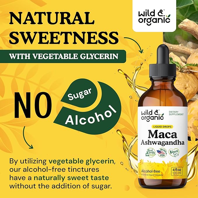 Wild & Organic Maca Root Ashwagandha Drops for Men and Women - Liquid Maca Ashwagandha Supplement for Overall Support - Peruvian Extract Tincture - Vegan, Sugar & Alcohol-Free - 4 fl oz