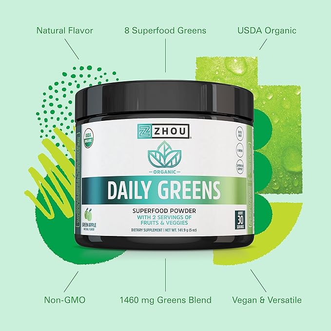 Zhou Nutrition USDA Organic Supergreens Powder, Superfood Smoothie Juice Mix, Spirulina, Chlorella, Wheatgrass, Kale, Fiber, Immune and Energy Support, Vegan, Non-GMO, 30 Servings