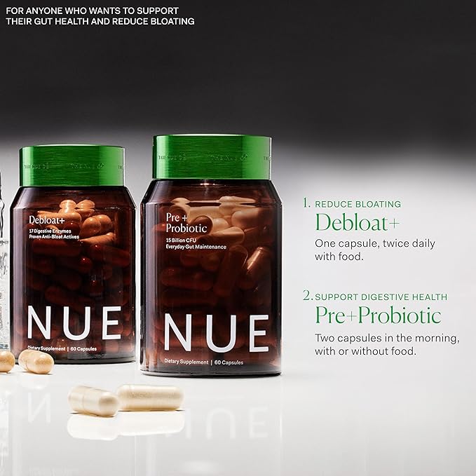 The Nue Co. PREBIOTIC + PROBIOTIC Supplement, Supports Gut Health, Synbiotic and Spore Based, IBS Relief, Immunity, and Skin, Vegan, Gluten Free, 60 Capsules