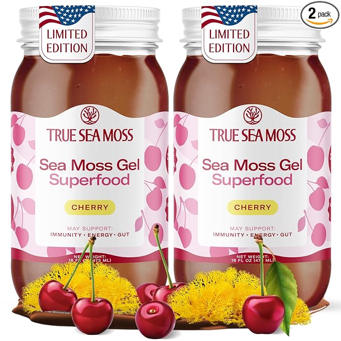 TrueSeaMoss Sea Moss Gel – Made in USA – Wildcrafted Seamoss, Fresh Fruits & Sea Vegetables – Cherry, Pack of 2 (Labels may Vary)