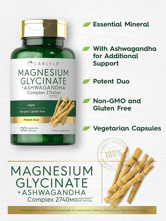 Carlyle Magnesium Glycinate with Ashwagandha | 2,740mg Complex | 120 Vegetarian Capsules | Potent Duo | Non-GMO and Gluten Free Supplement