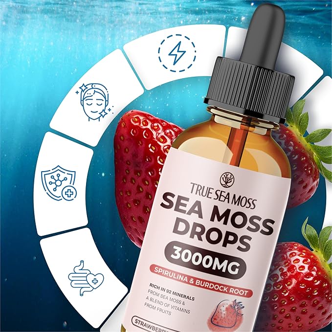 Irish Sea Moss Drops - 5X Stronger Than Sea Moss Gel - 92+ Essentials Minerals - with Spirulina Powder, Burdock Root & Black Cumin - 2 Fl Oz (60ml) - Strawberry Flavor