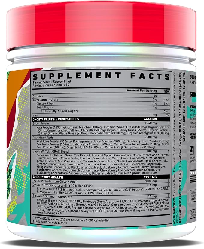 GHOST Greens Powder, Apple Cider - 30 Servings - 19 Superfood Greens & Reds Powder, Fruits, Vegetables, Spirulina, & Chlorella, Prebiotics, 10 Billion CFU Probiotic & Digestive Enzymes - Gluten-Free