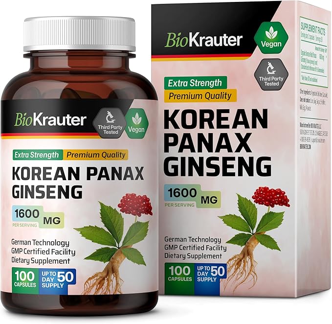 BIO KRAUTER Korean Red Ginseng Capsules - 1600 mg Strength - 100 Count - Korean Panax Ginseng Supplement - Vegan Immune Supplement
