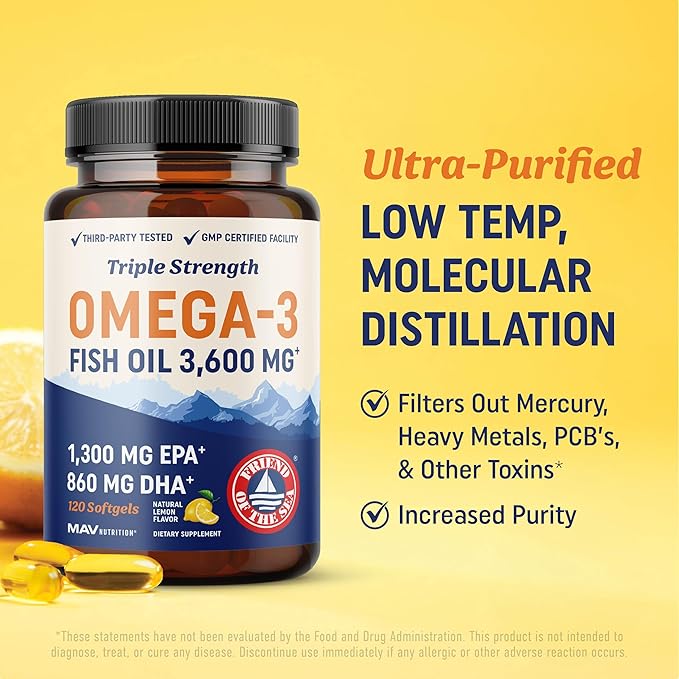 Triple Strength Omega 3 Fish Oil 3600 mg | EPA & DHA | Over 2100mg Omega-3 Fatty Acids | 1300mg EPA + 860mg DHA | Best Essential Fatty Acids | Premium Wild Caught & Burpless Fish Oil | 120 Ct