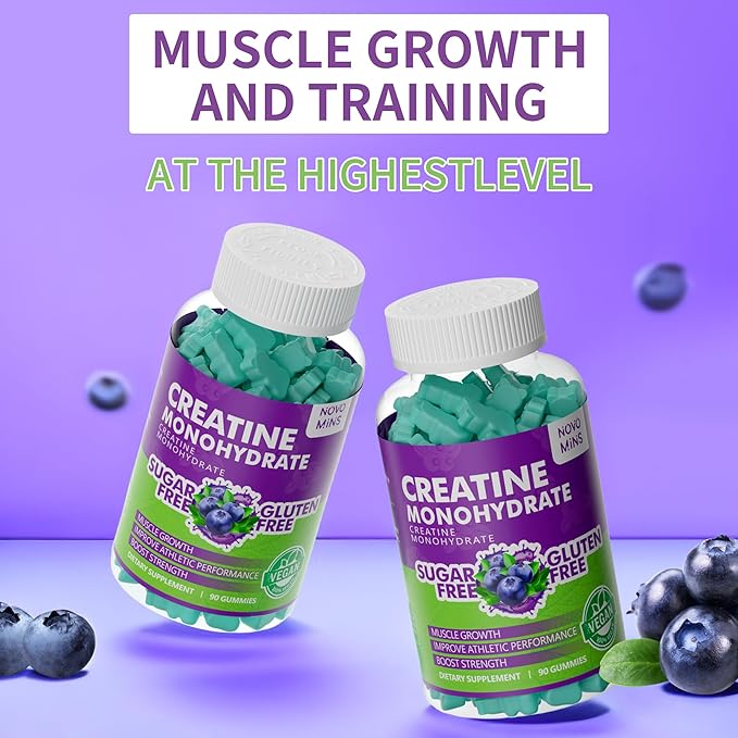 Creatine Monohydrate Gummies for Men & Women, Chewables Creatine Monohydrate for Muscle Strength, Muscle Builder, Energy Boost, Pre-Workout Supplement(180 Count)-Blueberry Flavor. 2 Pack