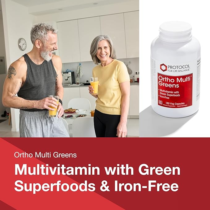 PROTOCOL FOR LIFE BALANCE Ortho Multi Greens - Multivitamin with Green Superfoods - with Vitamins C, B6, B12 & More - with Spirulina, Chlorella & Alfalfa - Iron Free - Non-GMO - 180 Veg Caps