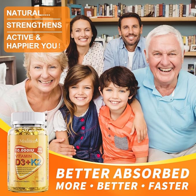 3 in 1 Vitamin D3 K2 Softgels with Natural MCT, 10000 IU - Vitamin D Plus MK-7 200mcg, No Fillers, Non-GMO for Immune Support, Bone & Heart Health, Plant-Based Ultimate Absorption, 1 Months Supply