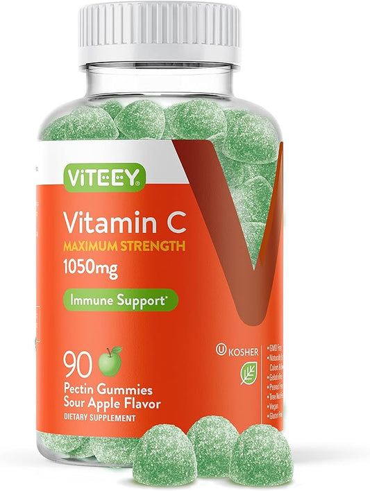 Vitamin C Gummies for Adults & Teens, 1050mg Maximum Strength - Immune Support Gummies - Immune Booster - Vegan, Gelatin Free, Gluten Free - Tasty Vitamin C Chewable Sour Apple Flavored Gummy