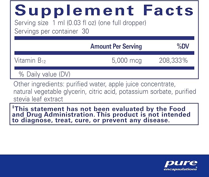 Pure Encapsulations B12 5,000 Liquid - Vitamin B12 Methylcobalamin Supplement to Support Energy, Nerve Health, Cognitive Function & Blood Cells* - Liquid Drops - 1 Fl Oz