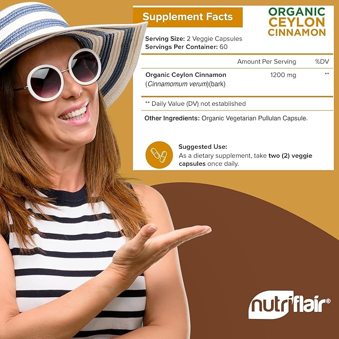 NutriFlair Organic Ceylon Cinnamon Supplement 1200mg, 120 Capsules - USDA Certified - Non-GMO, Gluten Free Powder, Antioxidant Pills