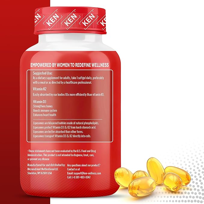 KEN Liposomal Vitamin D3 5000 IU + K2 (MK7) 100mcg, Bone Support Supplement, Enhanced Calcium Absorption, Supports Immune Function, Coconut Oil, No Seed Oil, Non-GMO 120 Halal Bovine Softgels