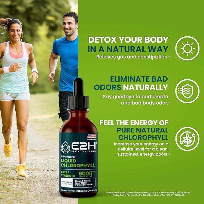 E2H Chlorophyll Liquid Drops - All-Natural Flavored Energy Booster, Immune System Support and Internal Deodorant - Vegan - Gluten Free - Non-GMO - 2 Fl Oz