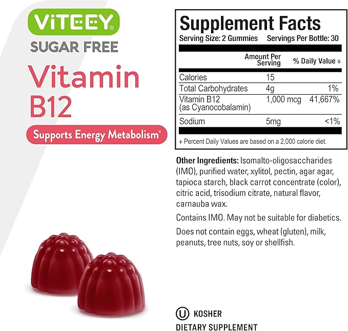 Vitamin B12 Gummies for Adults & Teens 1000mcg, Sugar Free - Good for Energy, Metabolism, Natural Energy Support - Vegan, Gelatin Free, Gluten Free, GMO Free - Tasty Chewable Strawberry Flavored Gummy