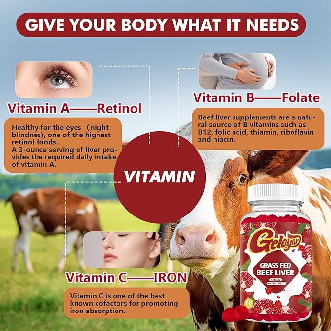 Beef Liver Supplement - Grass Fed Beef Liver Gummies, Heme Iron Supplement with Folate, Vitamin C & L-Lysine - Energy Support for Fatigue & Muscle Recovery, Non GMO, Gluten-Free, 60 Counts