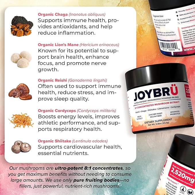 JOYBRÜ Ultra Potent Mushroom Powder Blend, 8:1 Concentrated Extract, Reishi, Chaga, Shiitake, Lion's Mane, Cordyceps, Maca, Probiotics, 3.35oz