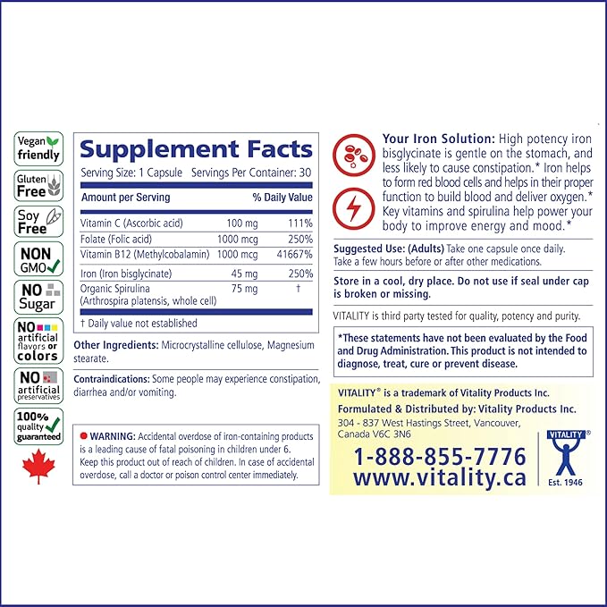 Vitality Power Iron + Spirulina | 45mg Iron | Blood Builder | Iron Deficiency Support | Vegan | All Natural Supplement | Gentle on Stomach | 30 Capsules