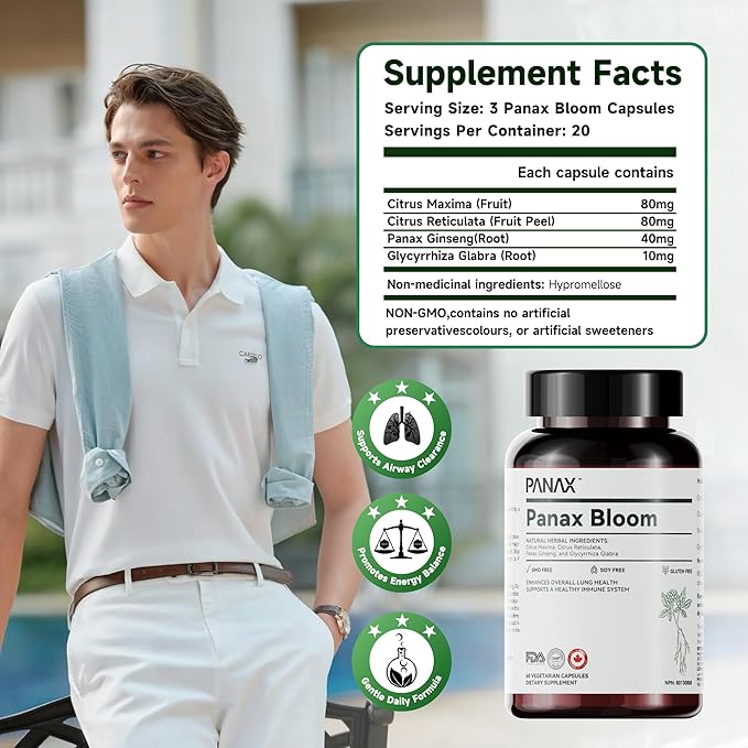 Lung Support Capsules - 60 Count, Herbal Supplement with Citrus Peel & Ginseng, NPN Certified