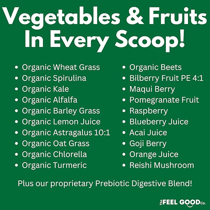 The Feel Good Super Greens Powder - Organic Green Juice, Wheat Grass No Added Sugar, Spirulina, Chlorella, Probiotics, Digestive Enzyme, Antioxidant Rich, Immunity Boost Green Superfood, 35 SVG, Daily